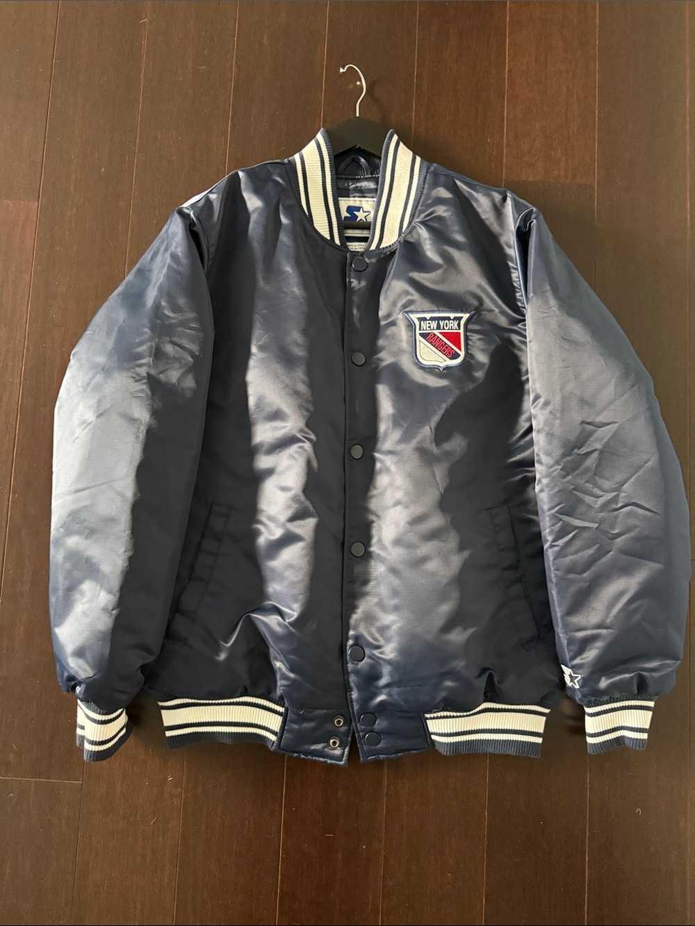 STARTER Navy New York Rangers Satin Bomber Jacket